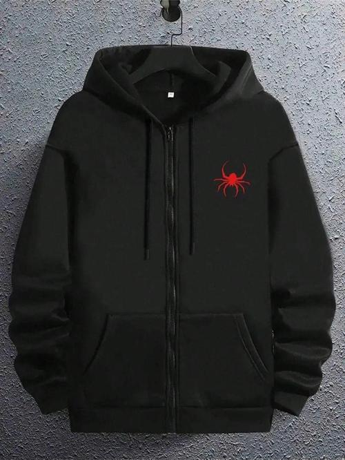 Siyah Örümcek Baskılı Unisex Kapüşonlu Kanguru Cepli Oversize Mevsimlik Fermuarlı Sweatshirt /Hırka Siyah S