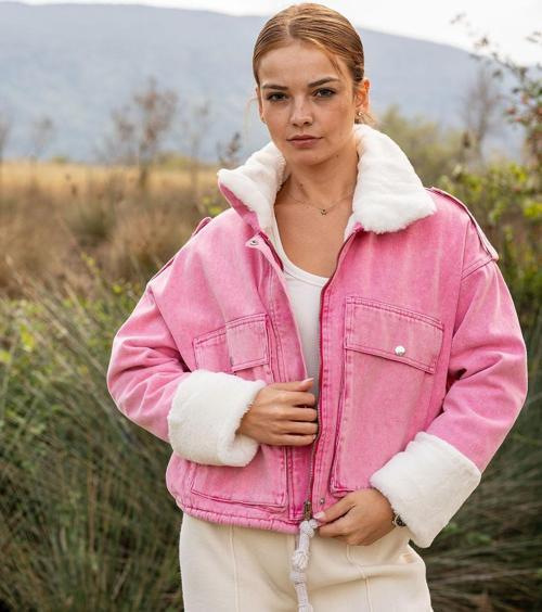 VerdeBlanco Kürklü Peluş Yaka Kot Mont Pembe