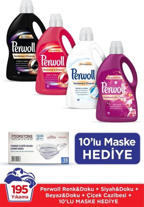 Hassas Bakım Sıvı Çamaşır Deterjanı 4X3L(195 Yıkama) Siyah+Renk+Beyaz+Çiçek Cazibesi+10'Lu Maske Hed