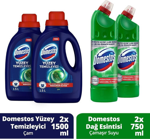 Yüzey Temizleyici Çam 1500 Ml X 2 + Domestos Dağ Esintisi Çamaşır Suyu 750 Ml X 2