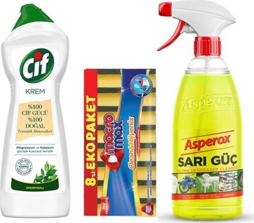 Sarı Güç Ultra Yağ Çözücü 1 Lt Sprey Cif Krem 500Ml Macro Max 8'Li Bulaşık Süngeri