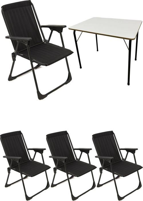 Natura 4 Adet Kamp Sandalyesi Katlanır Piknik Sandalye Siyah + Katlanır MDF Masa