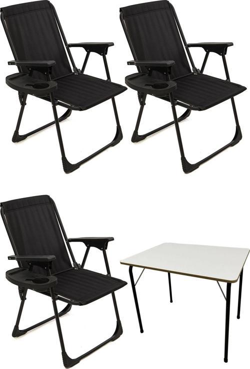Natura 3 Adet Kamp Sandalyesi Katlanır Piknik Sandalye Oval Bardaklıklı Siyah + Katlanır MDF Masa