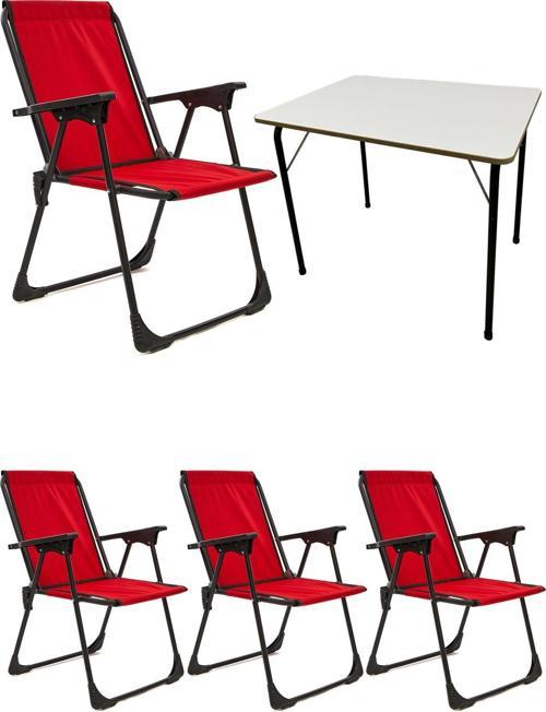 Natura 4 Adet Kamp Sandalyesi Katlanır Piknik Sandalye Kırmızı + Katlanır MDF Masa