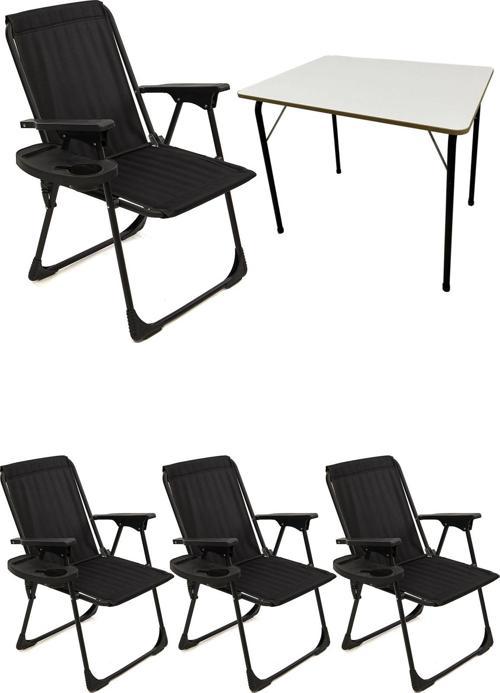 Natura 4 Adet Kamp Sandalyesi Katlanır Piknik Sandalye Oval Bardaklıklı Siyah + Katlanır MDF Masa