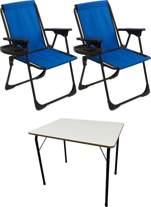 Natura 2 Adet Kamp Sandalyesi Katlanır Piknik Sandalye Oval Bardaklıklı Mavi + Katlanır MDF Masa