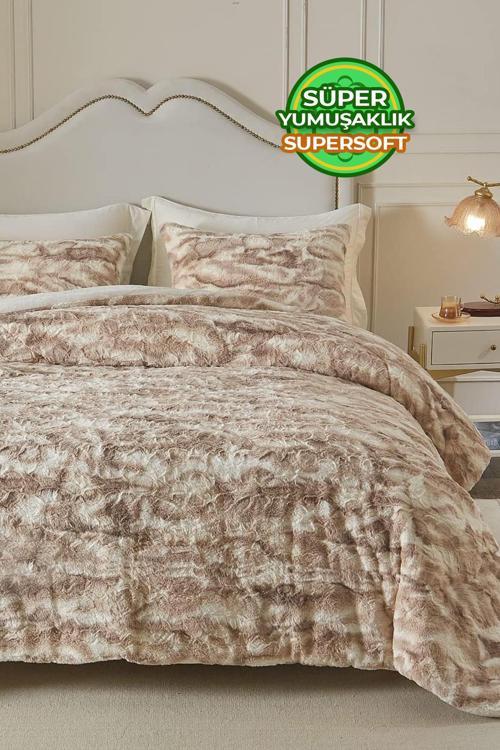 Çift (Taraflı) Kişilik Kürk Yorgan Dolgulu Peluş Yumuşak Wellsoft Yatak Örtüsü 3 Parça Set Mayra