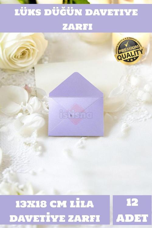 12 Adet 13x18 Cm LİLA Zarf Davetiye Lüks Tebrik Kartı Mektup Mühür Cüzdan Büyük Düğün Zarfı