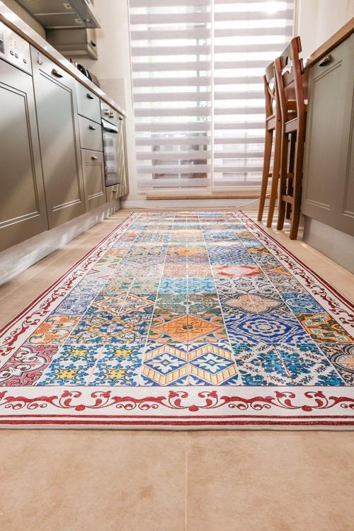 Dijital Baskı Yıkanabilir Kaymaz Pamuk Taban Otantik Şönil Halı 80x300 cm
