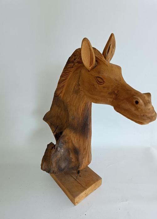 Dekoratif El Oyması Ahşap At Kafası 52x43x24cm (Teak Ağac-3)