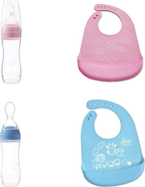 - Kaşıklı Mama Biberonu - Mavi + Silikon Bebek Mama Önlüğü - Mavi