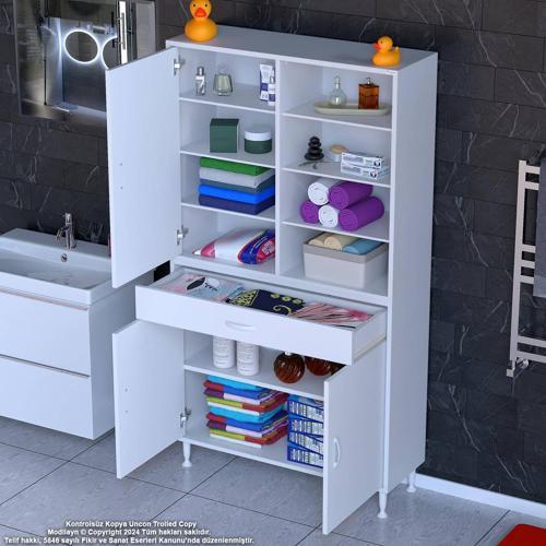 AFRA 100x173x32,5 cm 1 Çekmece 3 Kapak 7 Raf 10 Bölme Çok Amaçlı Banyo & Mutfak Dolabı