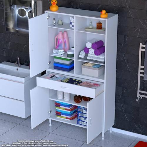 AFRA 100x173x32,5 cm 1 Çekmece 3 Kapak 5 Raf 8 Bölme Çok Amaçlı Banyo & Mutfak Dolabı