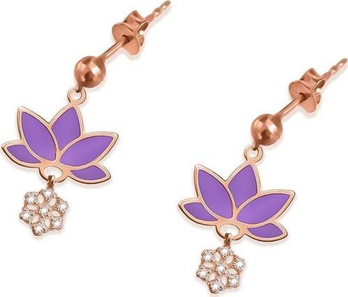 925 Ayar Gümüş Rose Kaplama Parlayan Rüya Serisi Tasarım Ebruli Cam Boyalı Mor Lotus, Kartanesi Küpe