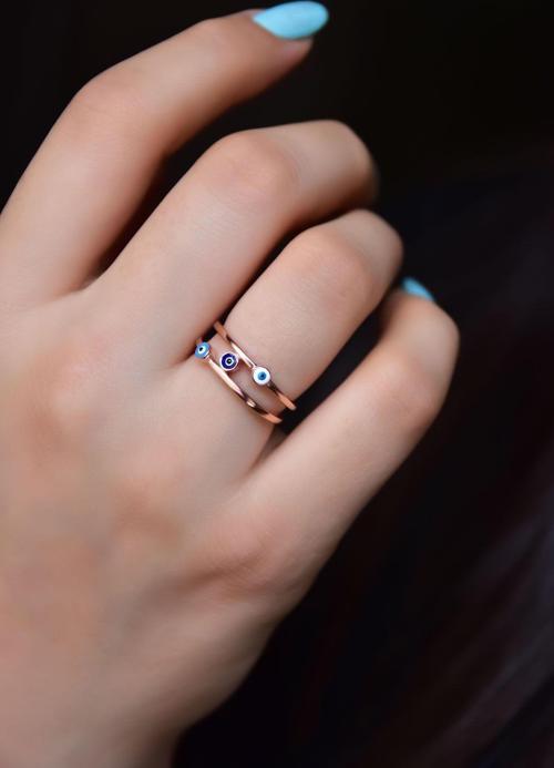 925 Ayar Gümüş Rose Kaplama Ayarlanabilir Mineli Nazar Göz Çift Sıralı Yüzük