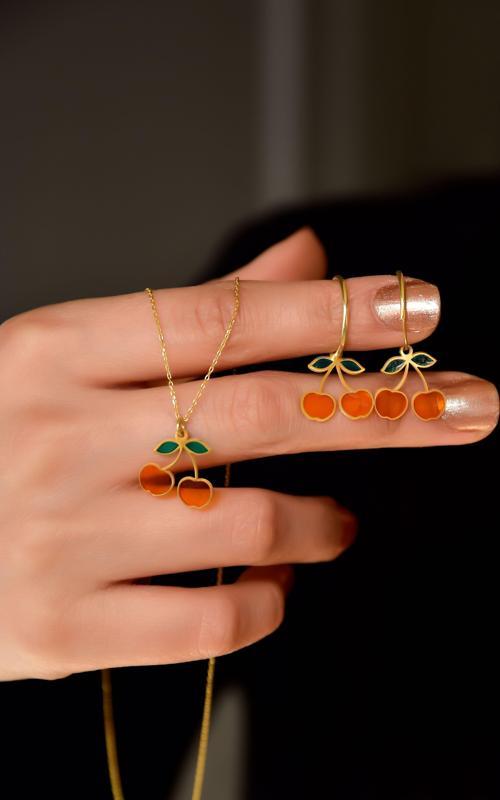 925 Ayar Gümüş Gold Kaplama Özel Tasarım Turuncu Kiraz Kolye ve Küpe Set