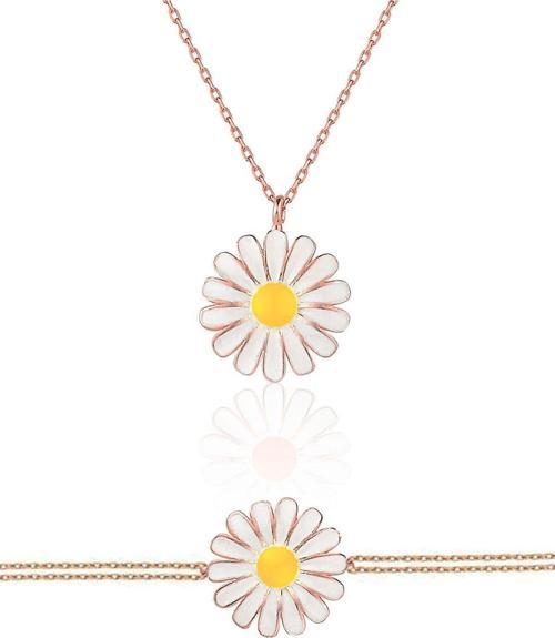 925 Ayar Rose Altın Mineli Gümüş Papatya Kolye Bileklik Set