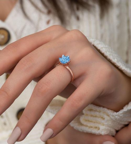 925 Ayar Gümüş Rose Kaplama Ayarlanabilir Akuamarin Lotus Çiçeği Yüzük