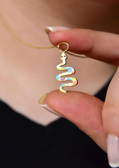 925 Ayar Gümüş Altın Kaplama Mineli Yılan Kolye