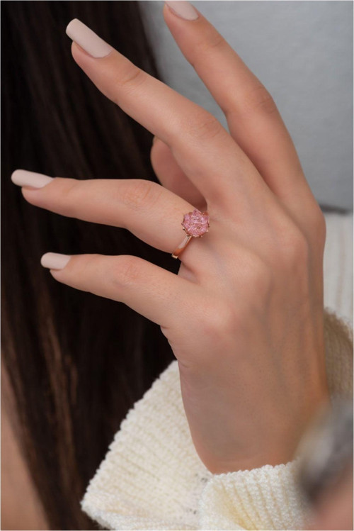 Pembe Taşlı Lotus Çiçeği Kadın Yüzüğü Ayarlanabilir Rose Gold Kaplama 925 Ayar Gümüş Uvps400053