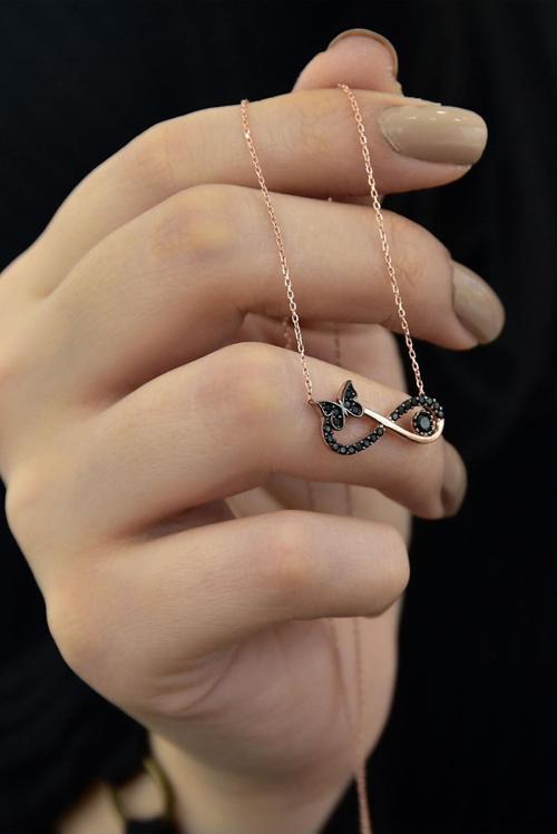 925 Ayar Gümüş Rose Altın Kaplama Siyah Taşlı Kelebek Kolye
