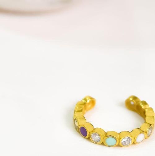 925 Ayar Gümüş Gold Kaplama Ayarlanabilir Zirkon Taşlı Renkli Mineli Yüzük Model1