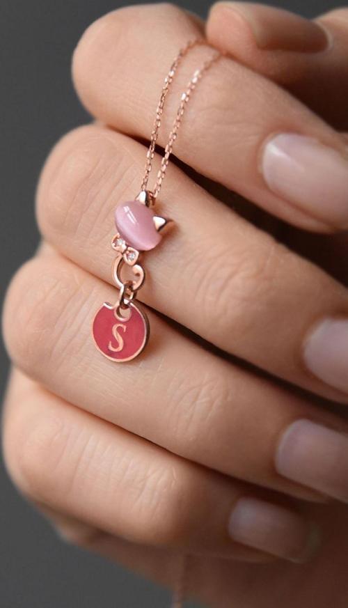 925 Ayar Gümüş Rose Kaplama Ay Taşı S Harfli Kedi Kolye