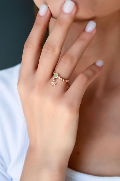 925 Ayar Gümüş Yeşil Ay Taşlı Yıldız Motifli Ayarlanabilir Kadın Yüzük