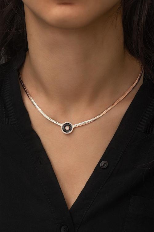 Yassı Zincir Nano Zirkon Taşlı Rose Gold Kaplama 925 Ayar Gümüş Kolye - UVPS100241