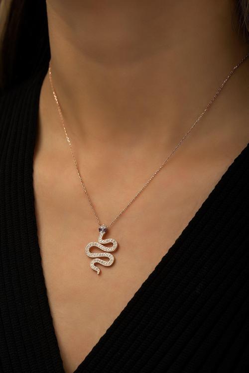 Yılan Kolye Nano Zirkon Taşlı Rose Gold Kaplama 925 Ayar Gümüş  Kolye - Uvps100405