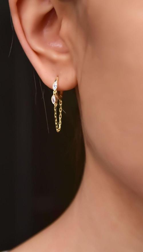 925 Ayar Gümüş Gold Kaplama Iki Taşlı Zincir Sallantılı Halka Küpe