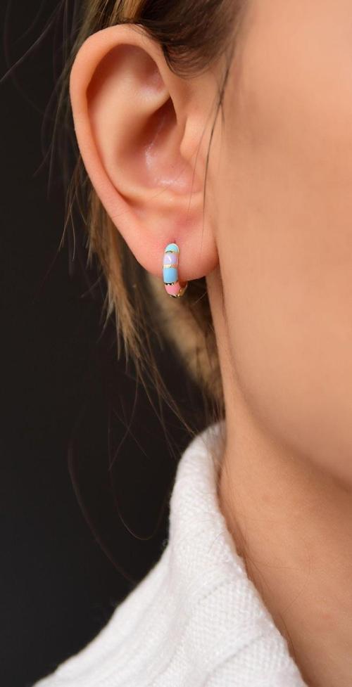 925 Ayar Gümüş Gold Kaplama Renkli Mineli Halka Küpe