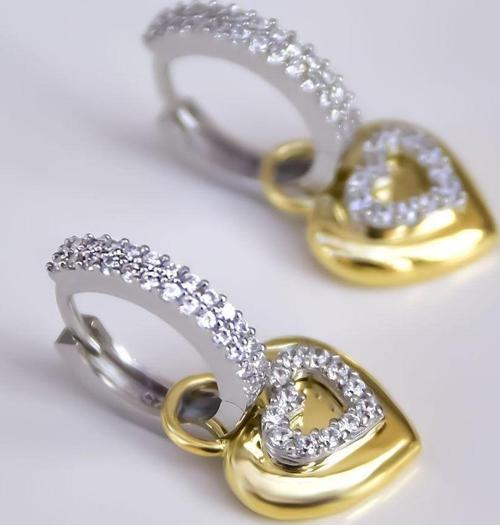 925 Ayar Gümüş Gold-rodyum Kaplama Zirkon Taşlı Tasarım Kalp Halka Küpe