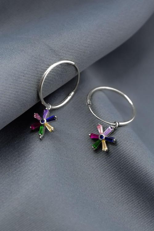 925 Ayar Gümüş Rodyum Kaplama Mix Taşlı Açelya Çiçeği Halka Küpe