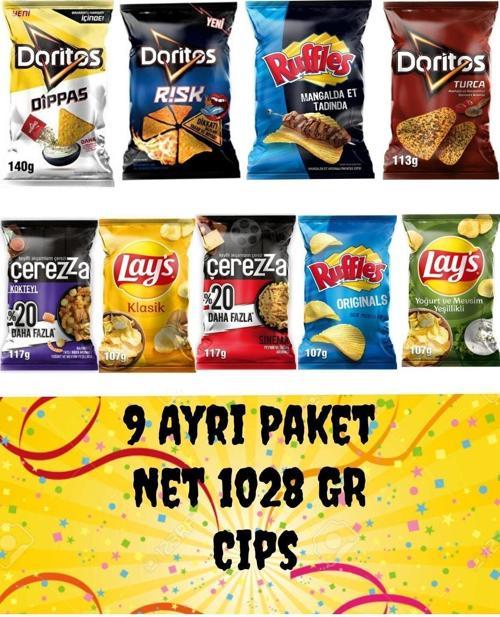 Büyük Cips Paketi Gurme Cipsler ( Lays Ruffles Doritos Çerezza ) 1028 Gr Cips Paketi 9 Ayrı Cips