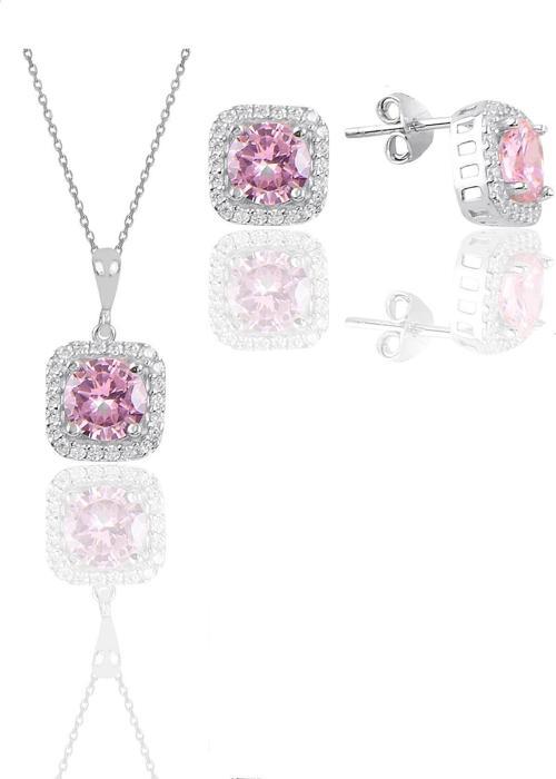 Gümüş beyaz altın rodyumlu pembe taşlı kare ikili set 