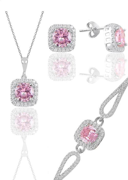 Gümüş rodyumlu pembe taşlı kare kolye küpe ve bileklikten oluşan üçlü set 