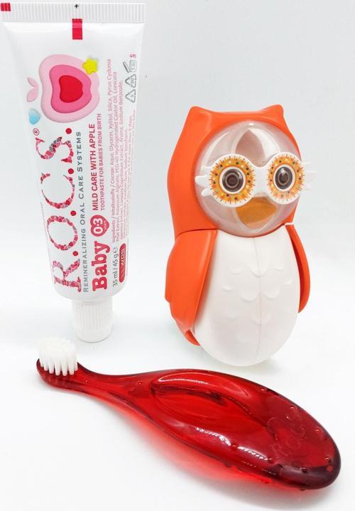 Baby OWL Bakım Seti - Bebek Diş Macunu + Diş Fırçası + Rocs Flipper BAYKUŞ Saklama Kabı