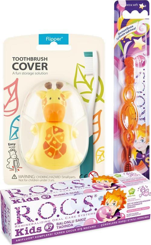 Kids 4-7 Yaş Komple Ağız Bakım Seti - Balon Macun + Kids Fırçası + Zürafa Saklama Kabı