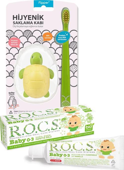 Baby Papatya Özlü Diş Macunu + Rocs Flipper Figürlü Saklama Kabı + Diş Fırçası Seti - Kaplumbağa
