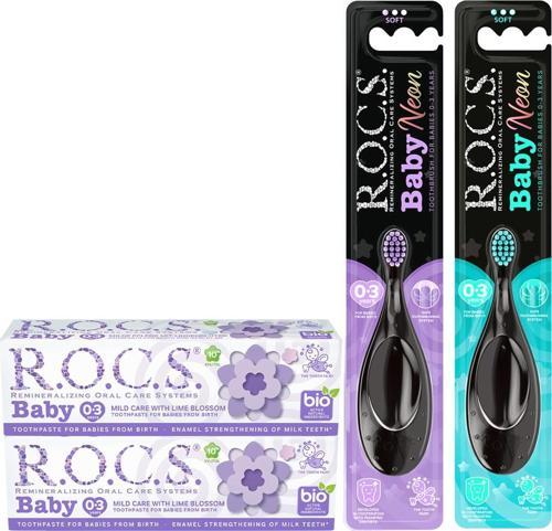 Baby 0-3 Yaş Ihlamur Özlü Diş MCN ve Rocs Baby Neon DİŞ FRC- 2 Macun + 2 Fırça Set TURKUAZ-MOR