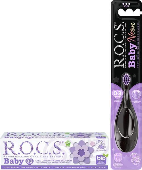 Baby 0-3 Yaş İçin Ihlamur Özlü Diş Macunu ve Rocs Baby Neon 0-3 Yaş Diş Fırçası Seti-MOR