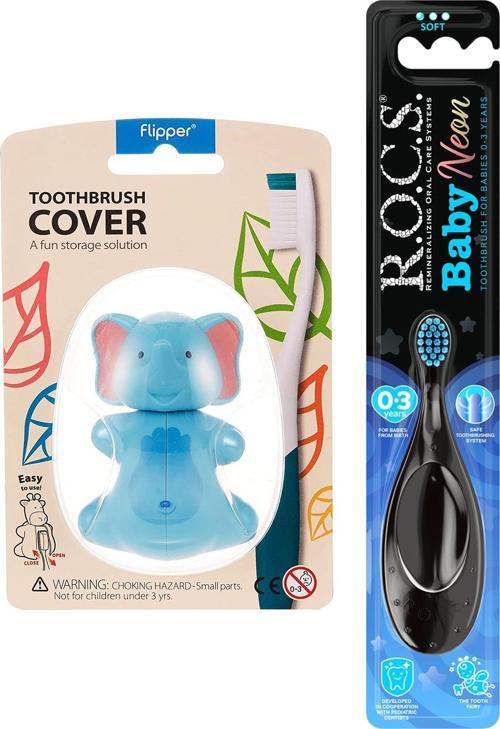 Baby NEON 0-3 Yaş Diş Fırçası Mavi ve Rocs Flipper Hijyenik Saklama Kabı Seti -Fil