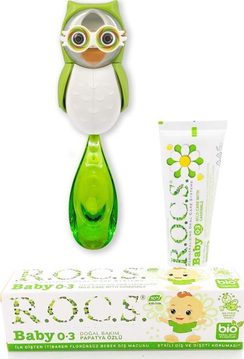Baby Yeşil Baykuş Bakım Seti - Papatyalı diş macunu+ Diş Fırçası+ Baykuş Saklama Kabı-YEŞİL