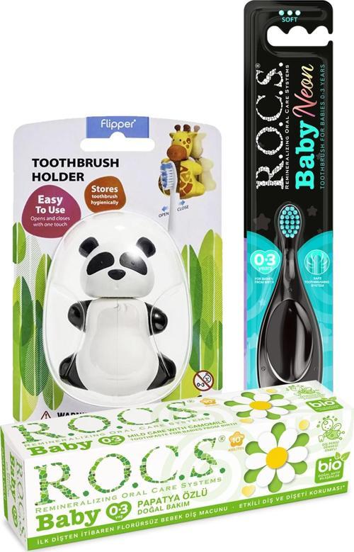 Baby Neon Turkuaz Komple Ağız Bakım Seti - Papatya Macun + Neon Fırçası +Panda Saklama Kabı