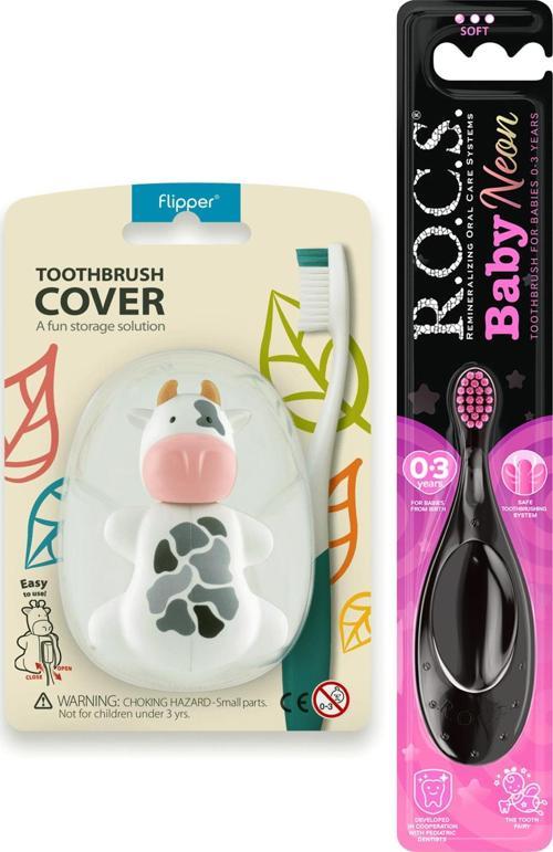 Baby NEON 0-3 Yaş Diş Fırçası Pembe ve Rocs Flipper Hijyenik Saklama Kabı Seti - İNEK