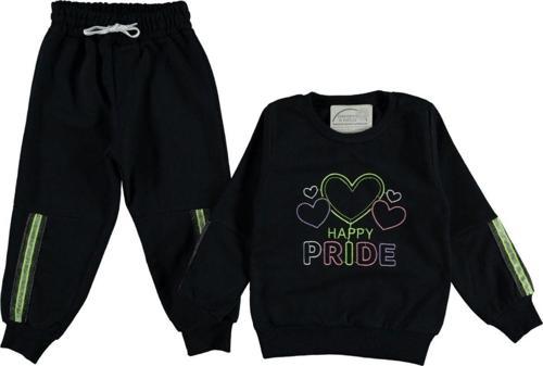 Happy Pride Nakışlı Kız Çocuk Siyah/Yeşil Şeritli Renk 2 Parça Takım 3381641