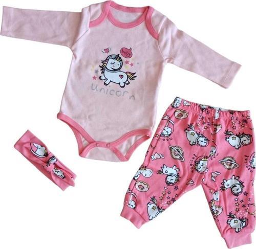 Unicorn Desenli Kız Bebek Bandanalı 3 Parça Somon Renk Takım 256913