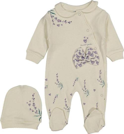 Fiyonklu Lavanta Baskılı Şapkalı 2 Parça Bej Renk Kız Bebek Tulum 235652