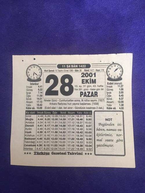 28 Ekim 2001 Takvim Yaprağı - Nostalji Koleksiyonluk Takvim Yaprağı B